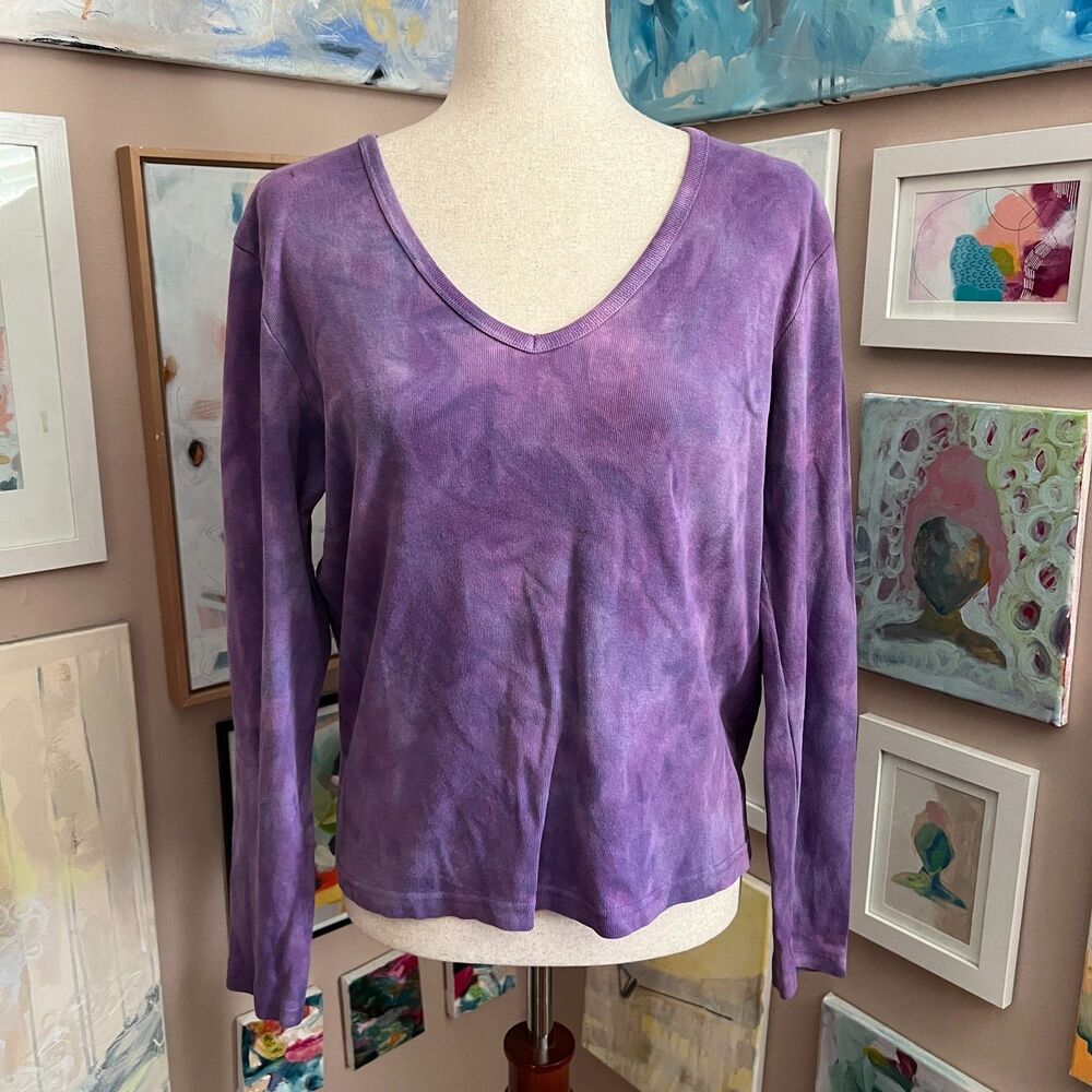 Dharma Trading Co. Purple‎ Tie Dye Long Sleeve V Neck Top XL Boho Earthy Artsy